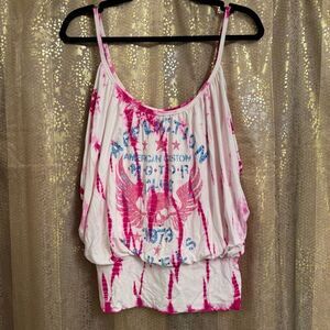 Vintage Y2K Affliction Black Label Pink Tie Dye Rhinestones Stretchy Tank Top S